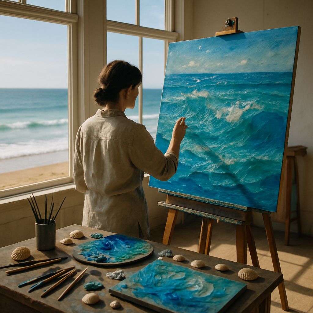 Ocean waves and artistic painting representing nature's rhythm