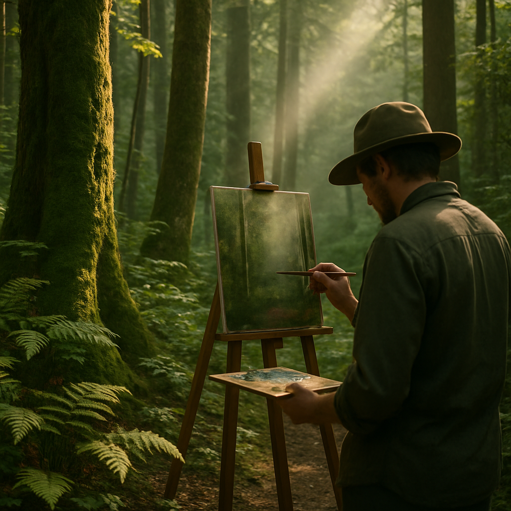 Tranquil forest landscape artwork capturing nature's serenity
